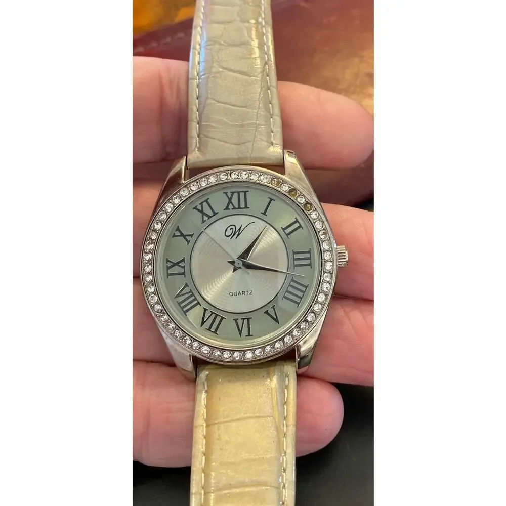 Woman's W by Waltham Watch, Silver Tone and Rhinestone Bezel, Leather Band